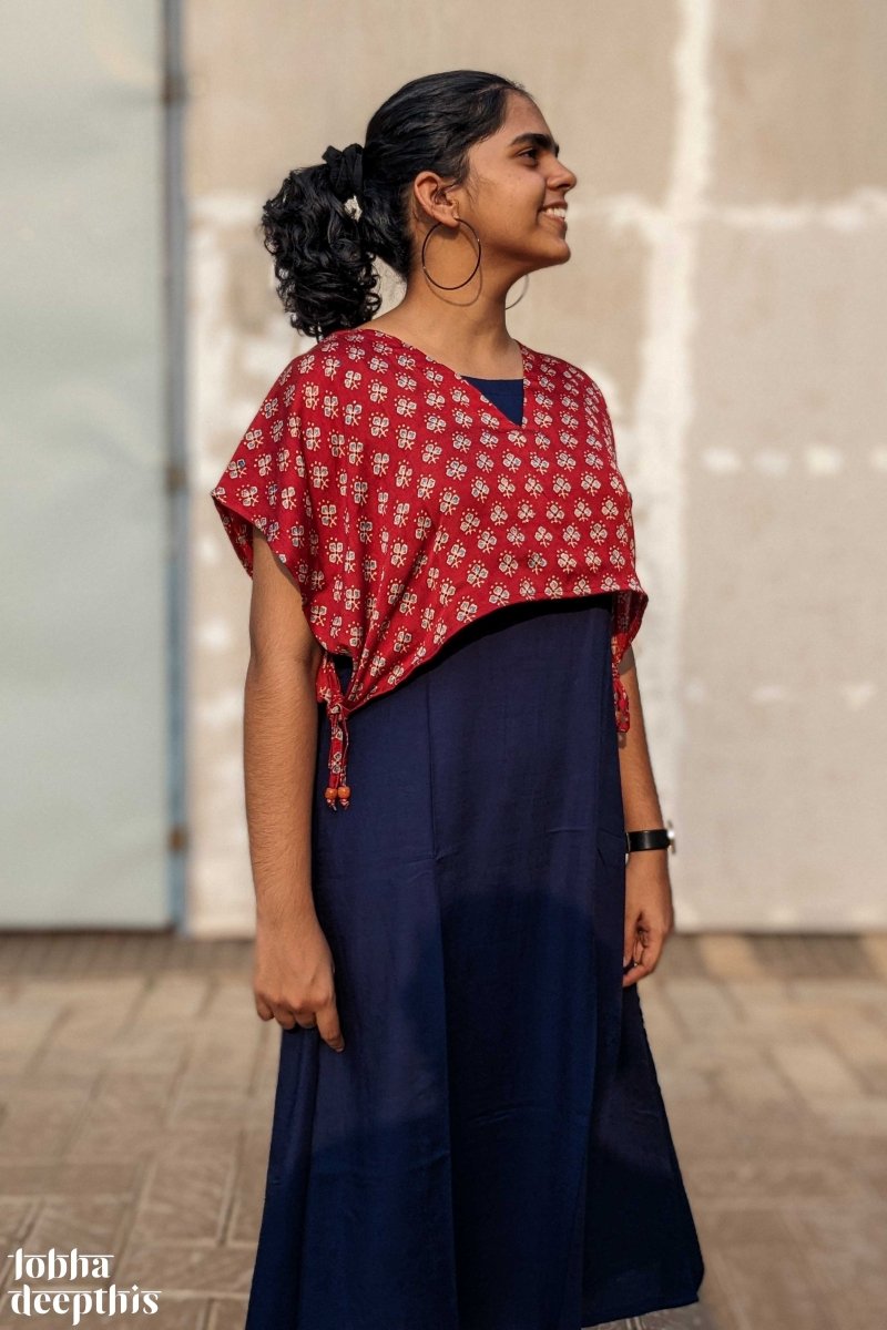 Navy Rayon Dress with Maroon Modal Short Jacket - Lobha Deepthis