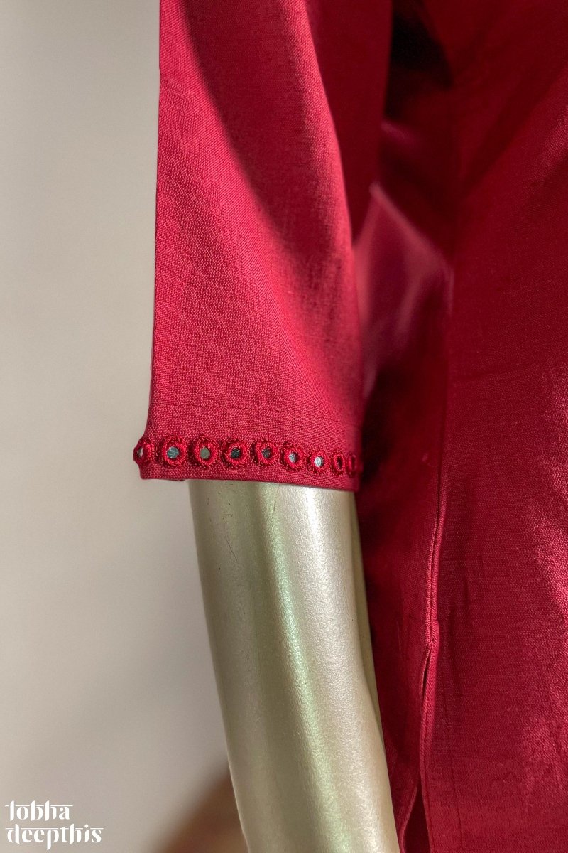 Neckline Mirrorwork Maroon Cotton Kurta - Lobha Deepthis