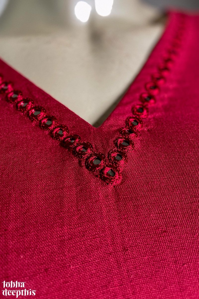 Neckline Mirrorwork Maroon Cotton Kurta - Lobha Deepthis