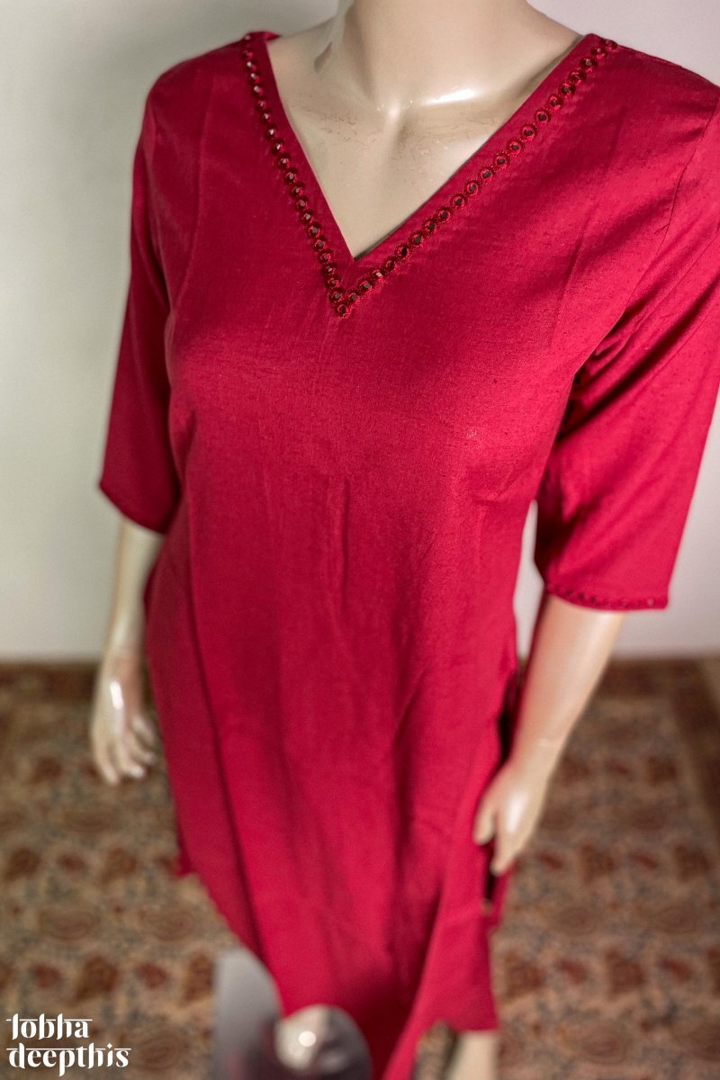 Neckline Mirrorwork Maroon Cotton Kurta - Lobha Deepthis
