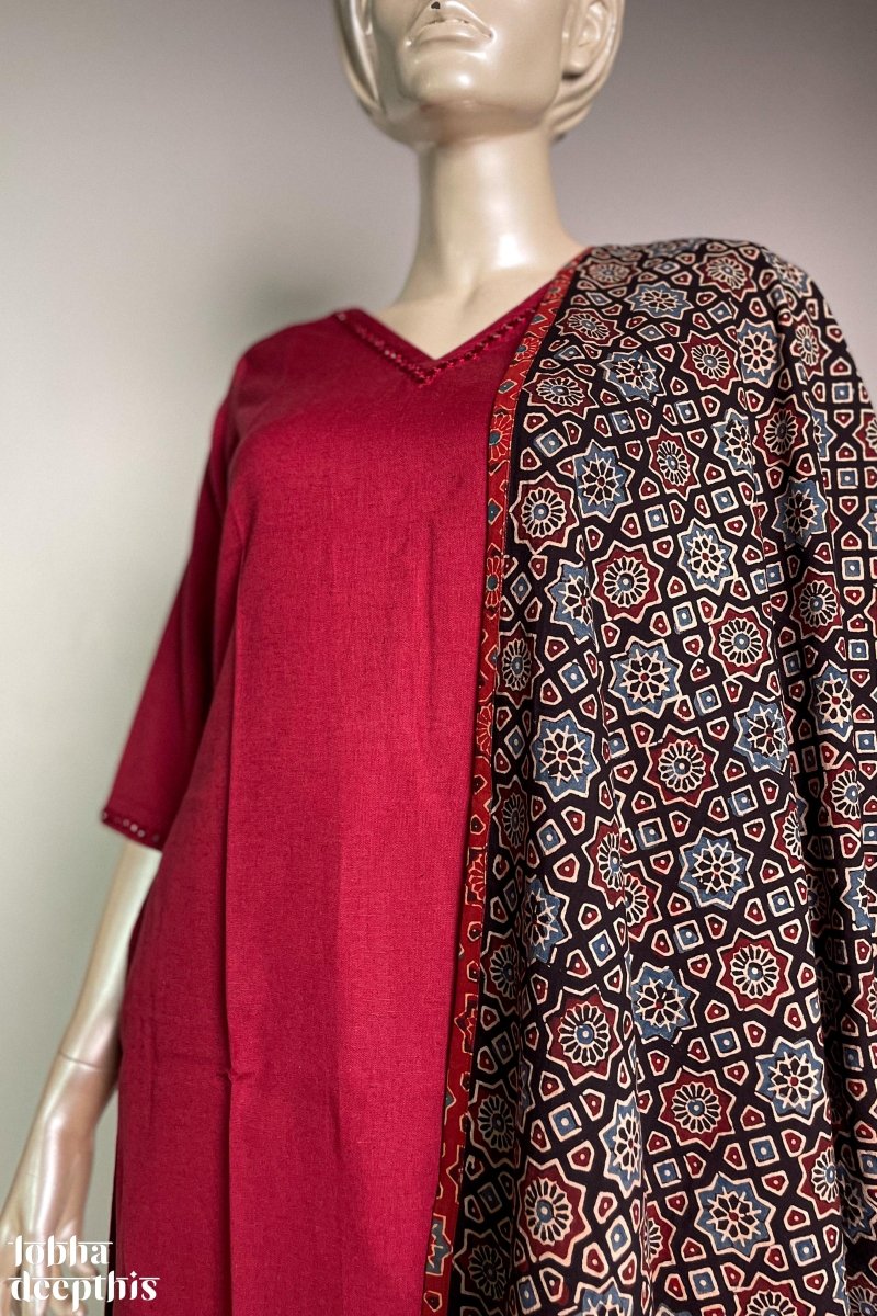 Neckline Mirrorwork Maroon Cotton Kurta - Lobha Deepthis