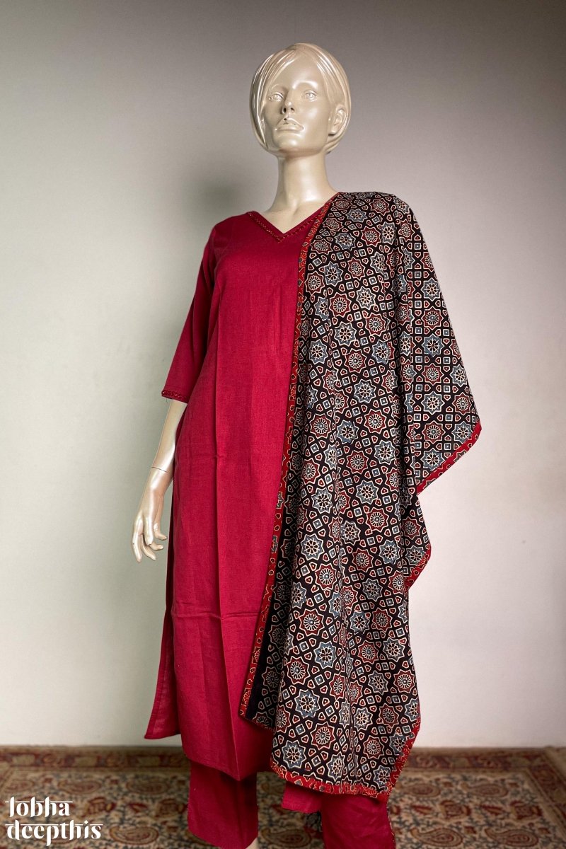 Neckline Mirrorwork Maroon Cotton Kurta - Lobha Deepthis