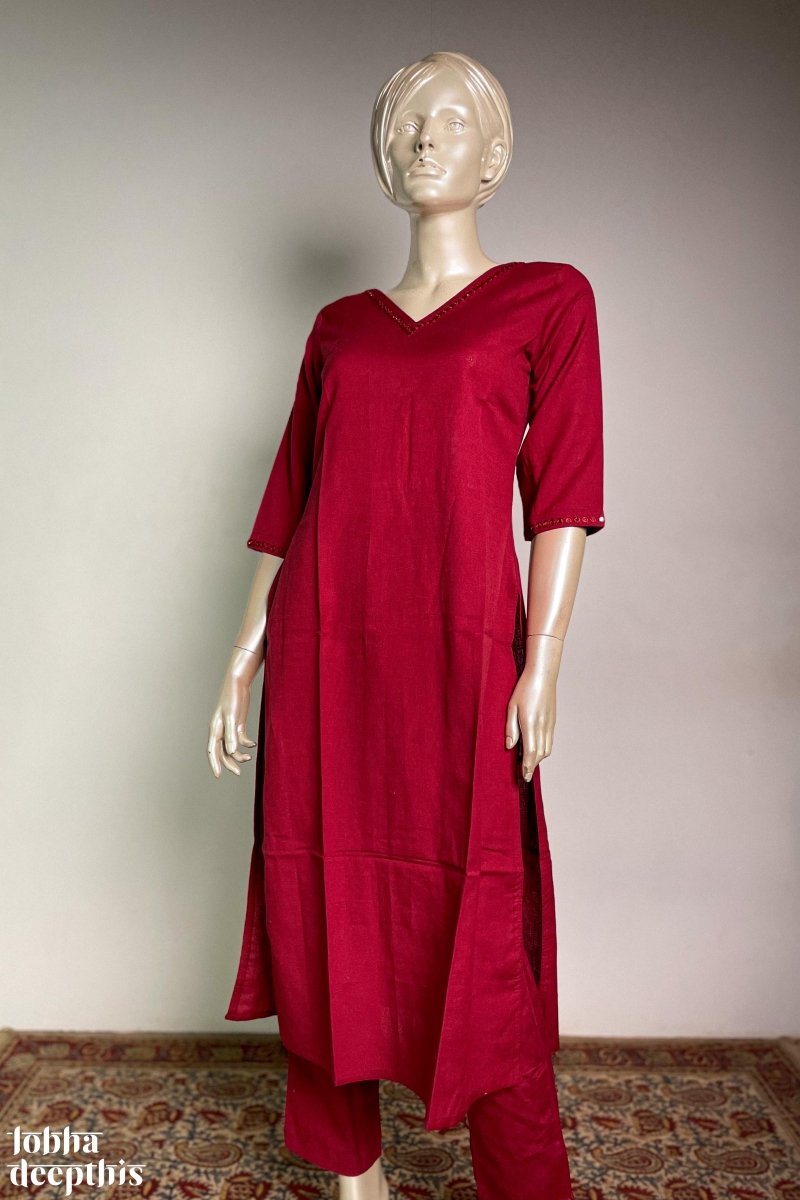 Neckline Mirrorwork Maroon Cotton Kurta - Lobha Deepthis