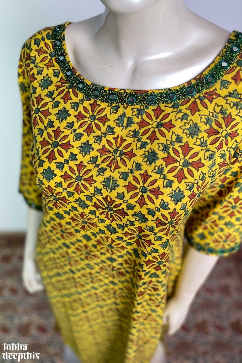 Long yellow kurti with beautiful adda work - Kurti Fashion