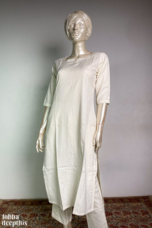 Off White Cotton Flex Round Neck Kurta - Lobha Deepthis