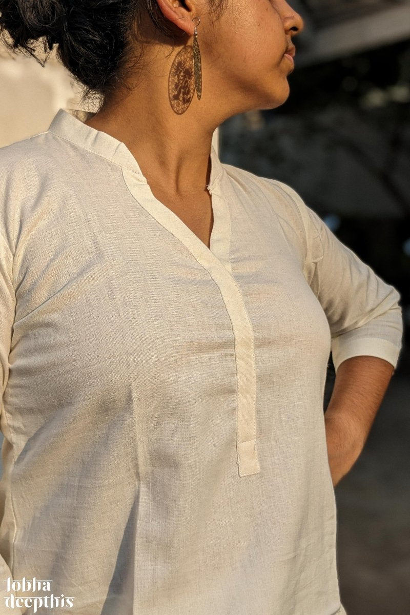 Off White Cotton Flex Short Collar Kurti - Lobha Deepthis