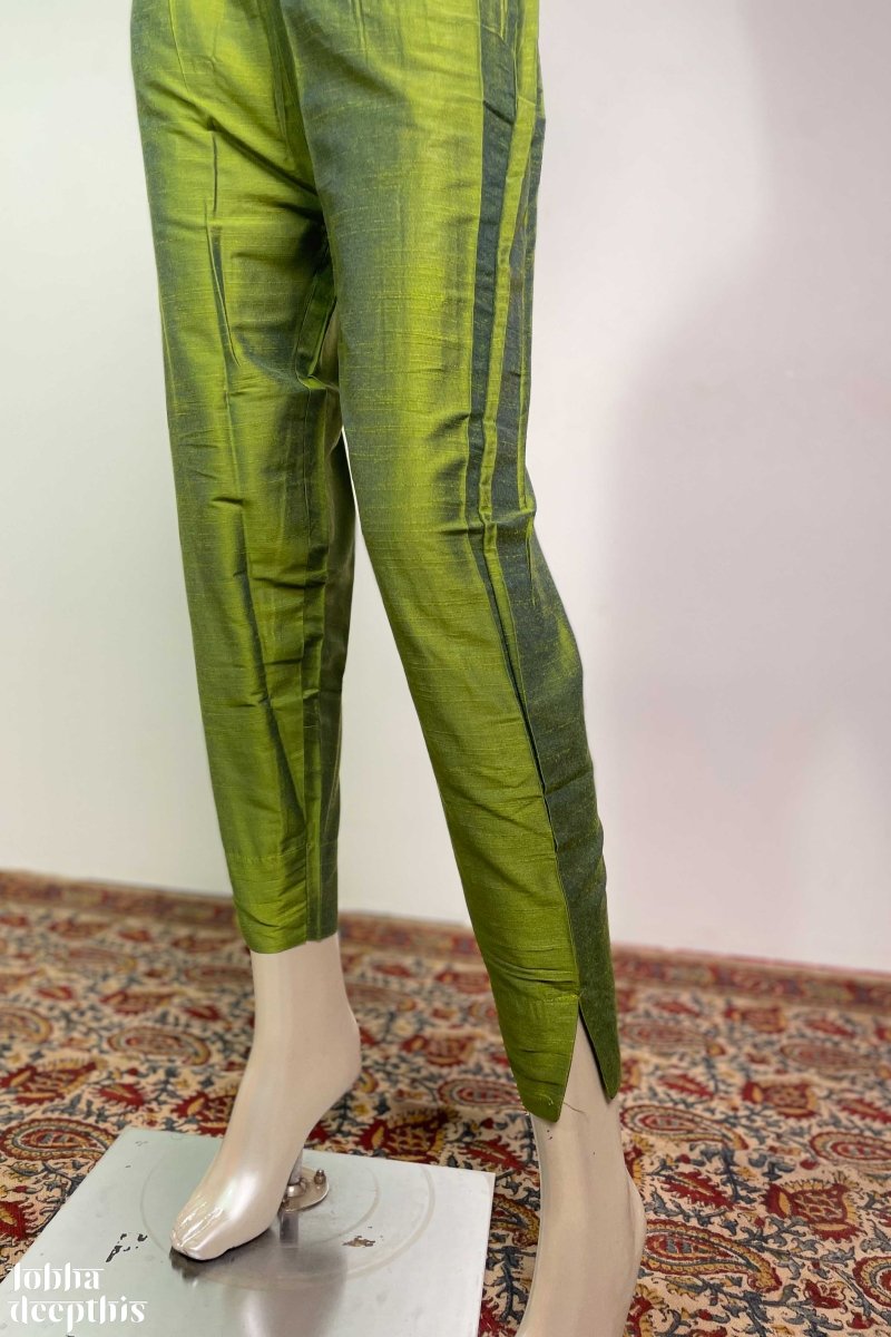 Olive Green Slub Silk Pencil Pants - Lobha Deepthis