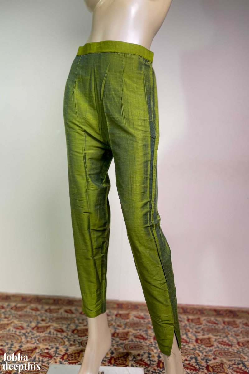 Dark Pista Green Slub Silk Pencil Pants