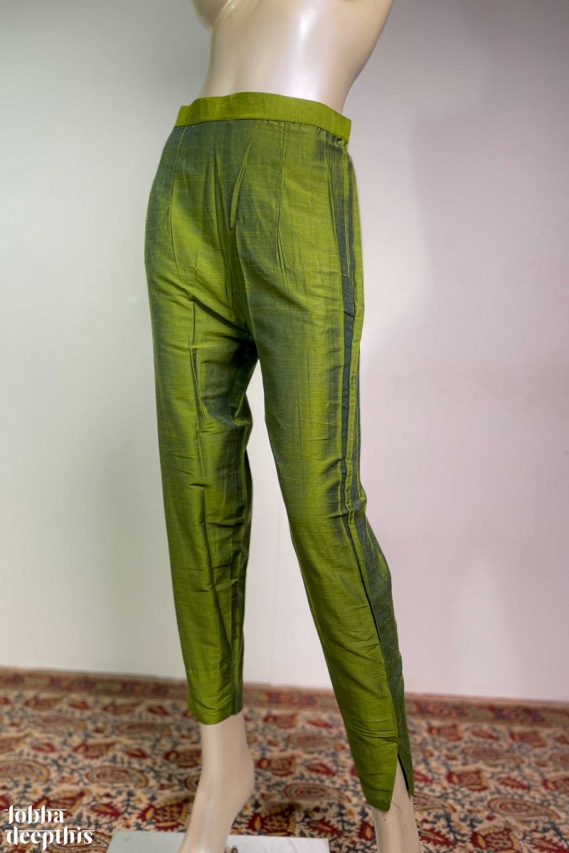 Olive Green Slub Silk Pencil Pants - Lobha Deepthis