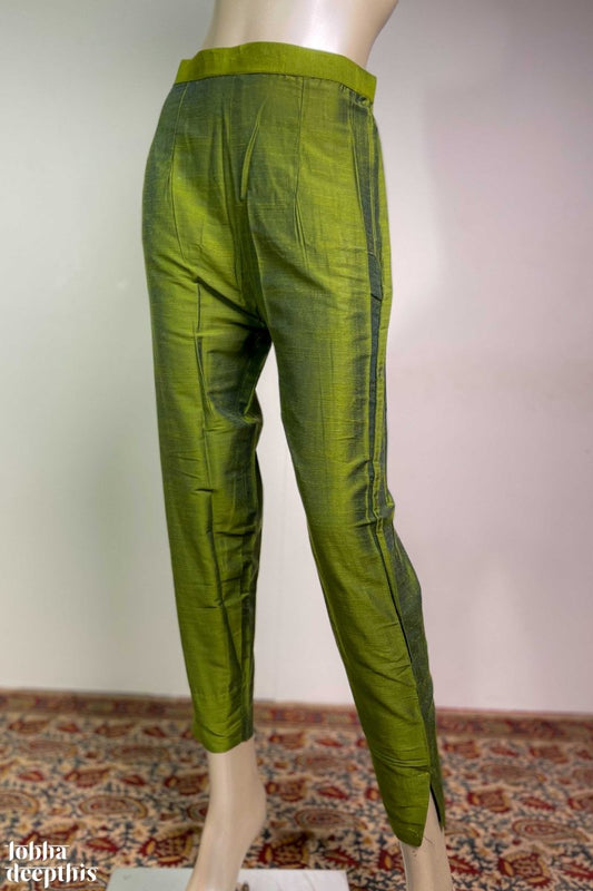 Olive Green Slub Silk Pencil Pants - Lobha Deepthis