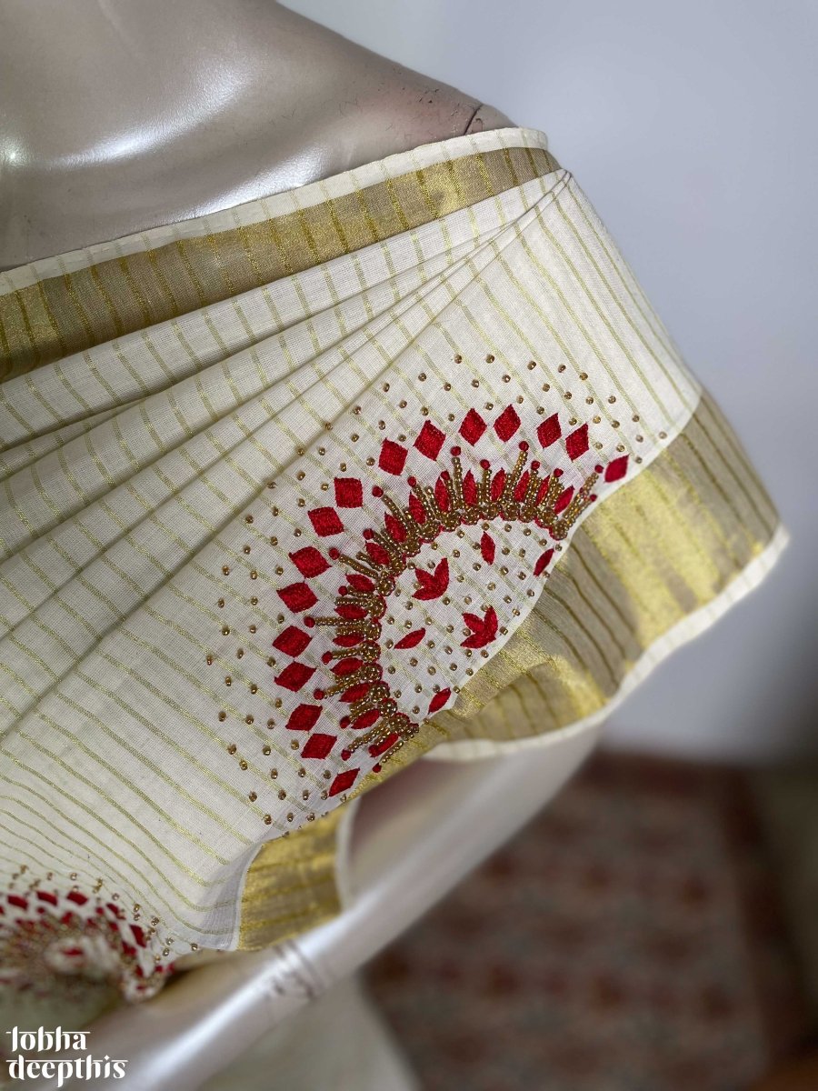 Southloom Jaipur Artisans & Kerala Weavers Collab Tissue Kasavu Saree –  Southloom Handmade and Organics