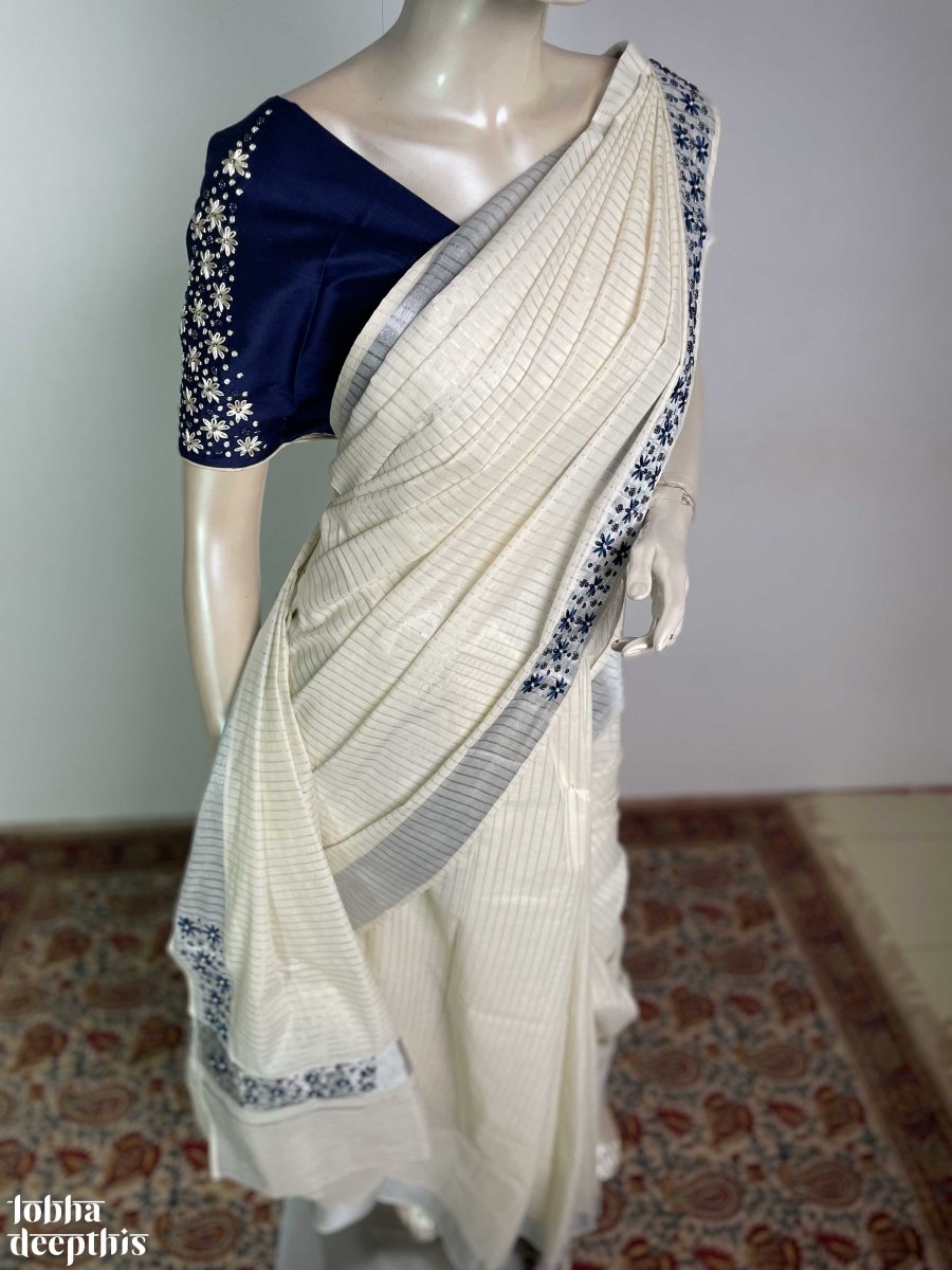 Kerala Tissue Kasavu Bead Work Designer Saree with Seperate Blue Blous –  Southloom.com