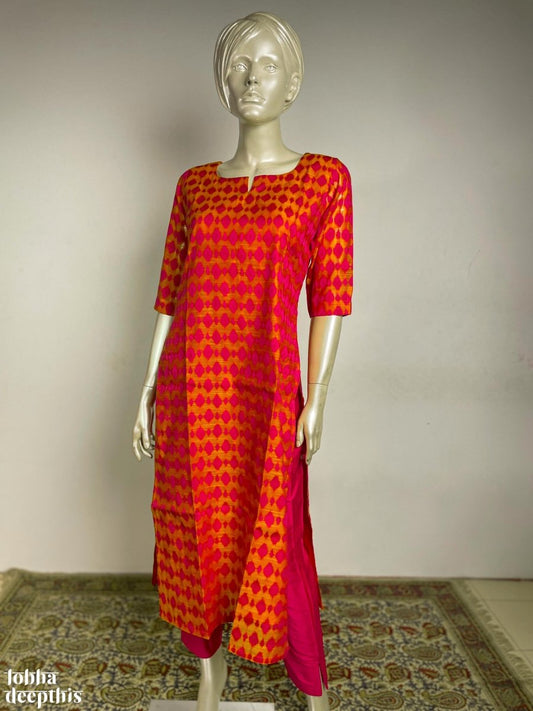 Orange Chanderi Feel Jacquard Round Neck Kurta - Lobha Deepthis