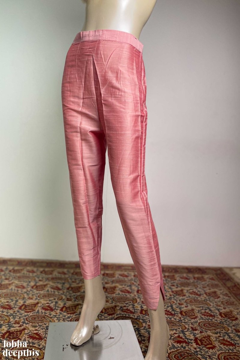 Peach Pink Slub Silk Pencil Pants - Lobha Deepthis