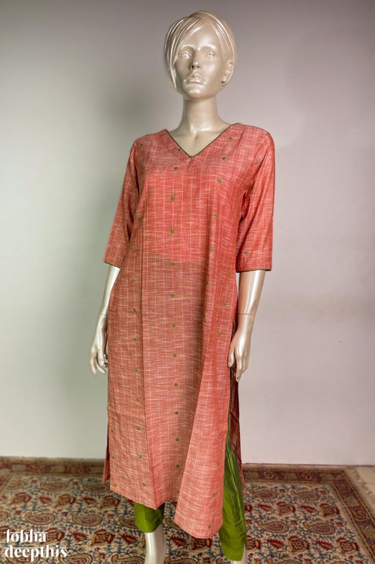 Peach South Cotton V Neck Kurta - Lobha Deepthis