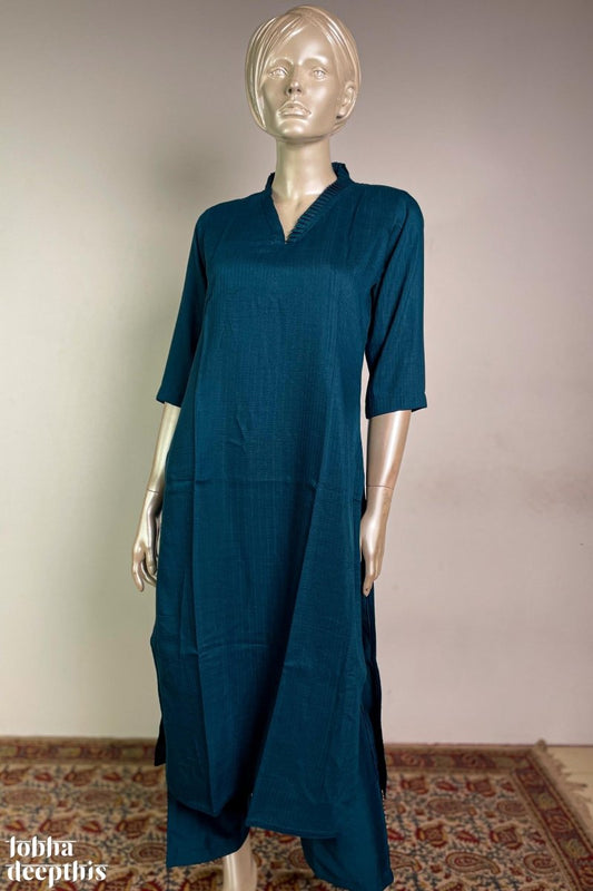 Peacock Blue Nylon Silk Collar Kurta - Lobha Deepthis