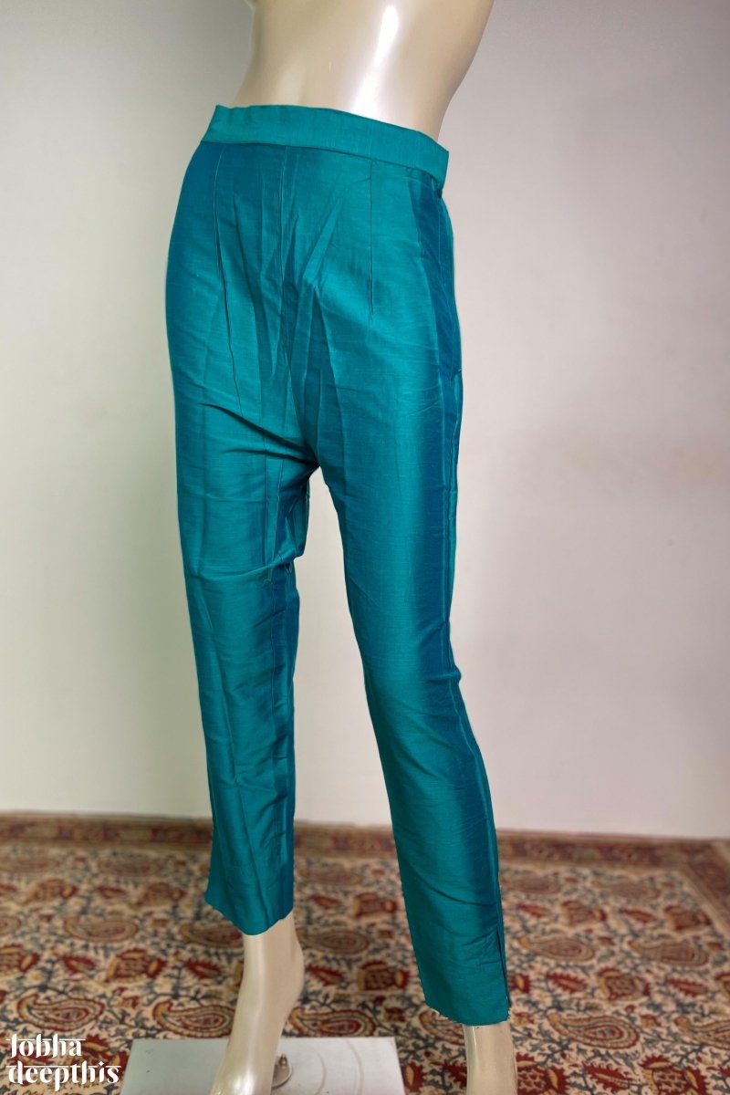 Peacock Green Slub Silk Pencil Pants - Lobha Deepthis