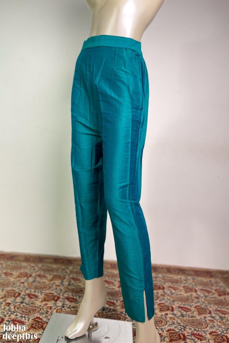 Peacock Green Slub Silk Pencil Pants - Lobha Deepthis