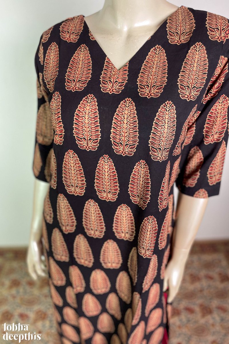 Pine Cones Black Cotton Kurta - Lobha Deepthis