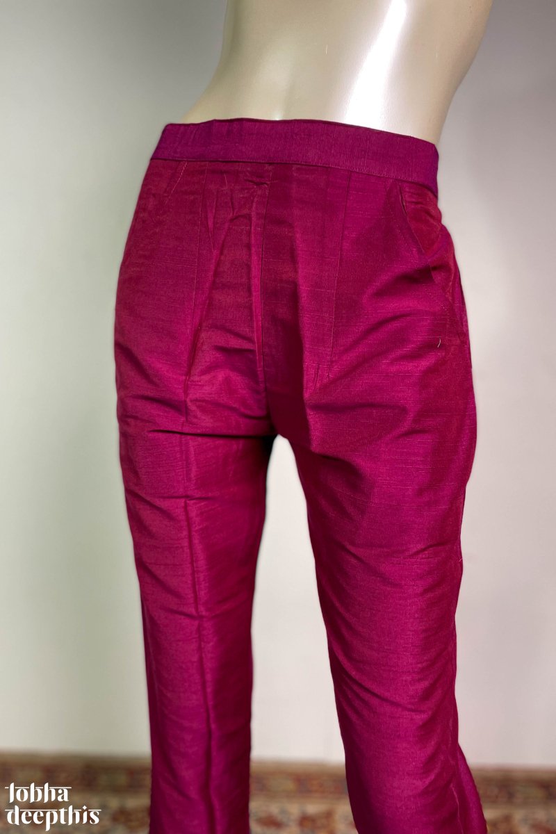 Pink Wine Slub Silk Pencil Pants - Lobha Deepthis