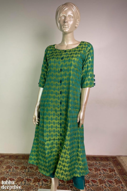 Pista Green Chanderi Feel Jacquard Aline Loop Kurta - Lobha Deepthis