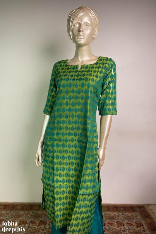 Pista Green Chanderi Feel Jacquard Round Neck Kurta - Lobha Deepthis