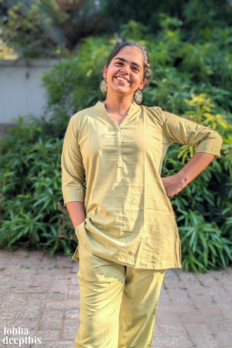 Pista Green Cotton Flex Short Collar Kurti - Lobha Deepthis