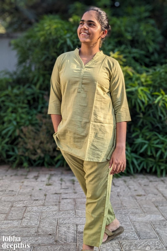 Pista Green Cotton Flex Short Collar Kurti - Lobha Deepthis