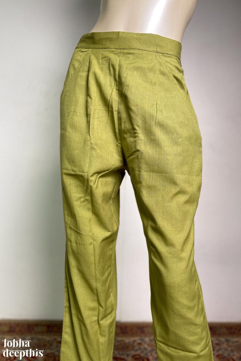 Pista Green Cotton Flex Straight Pants - Lobha Deepthis