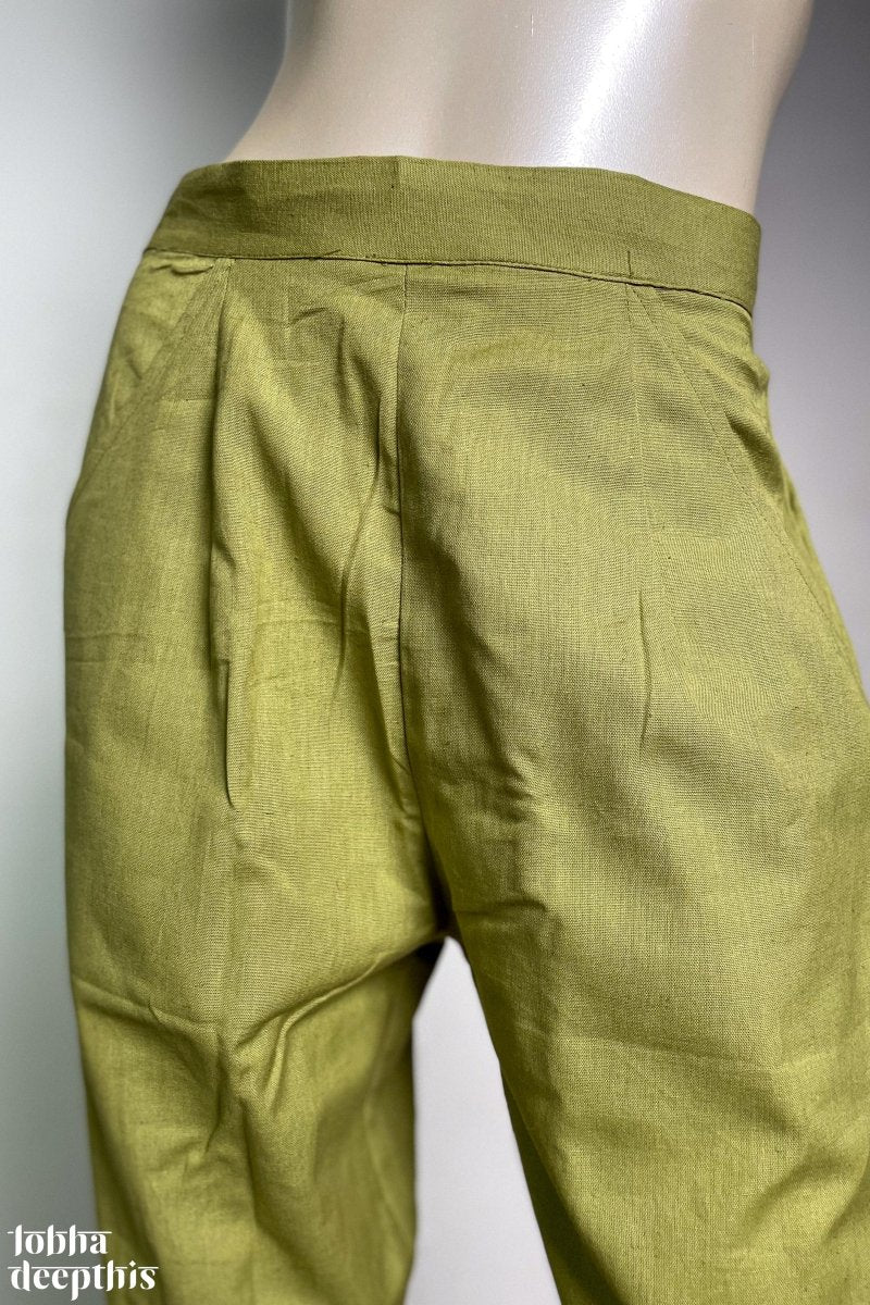 Pista Green Cotton Flex Straight Pants - Lobha Deepthis