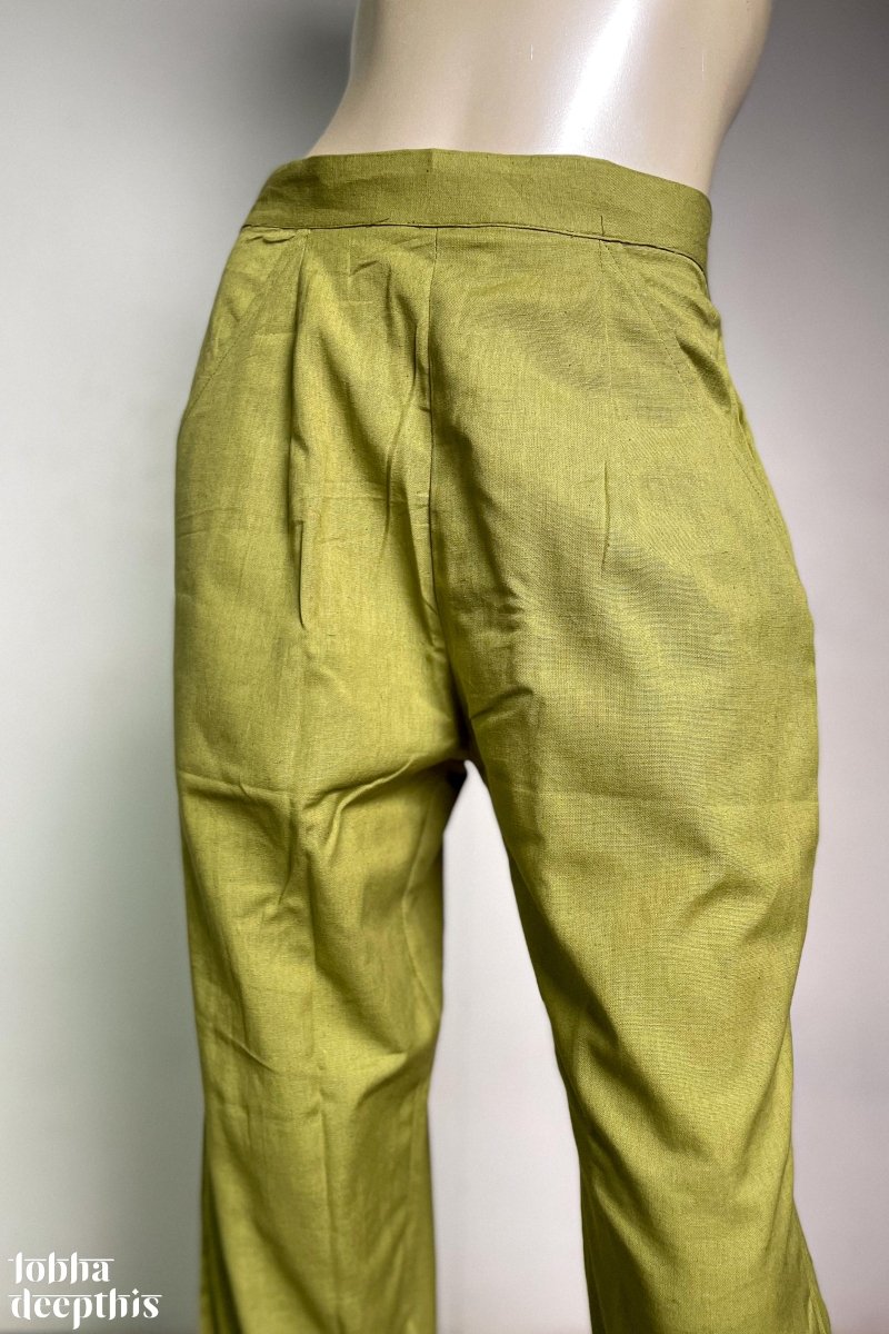 Pista Green Cotton Flex Straight Pants - Lobha Deepthis