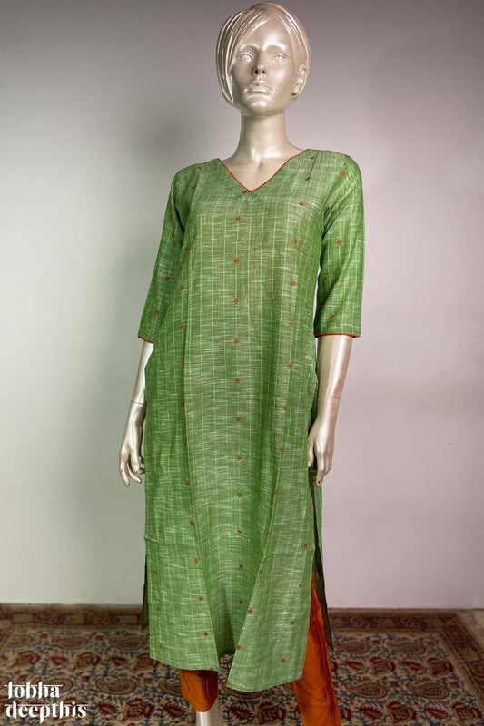 Pista Green South Cotton V Neck Kurta - Lobha Deepthis