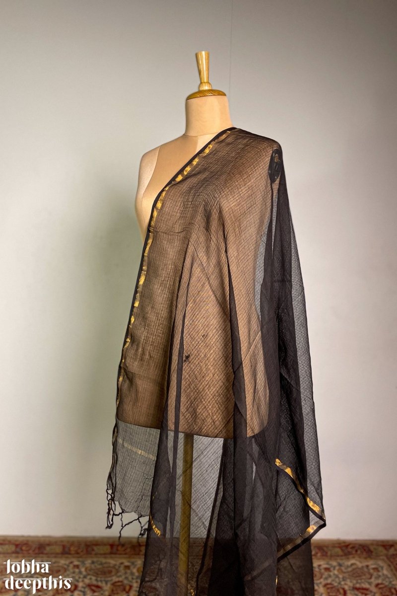 Plain Black Cotton Kota Doria Dupatta - Lobha Deepthis