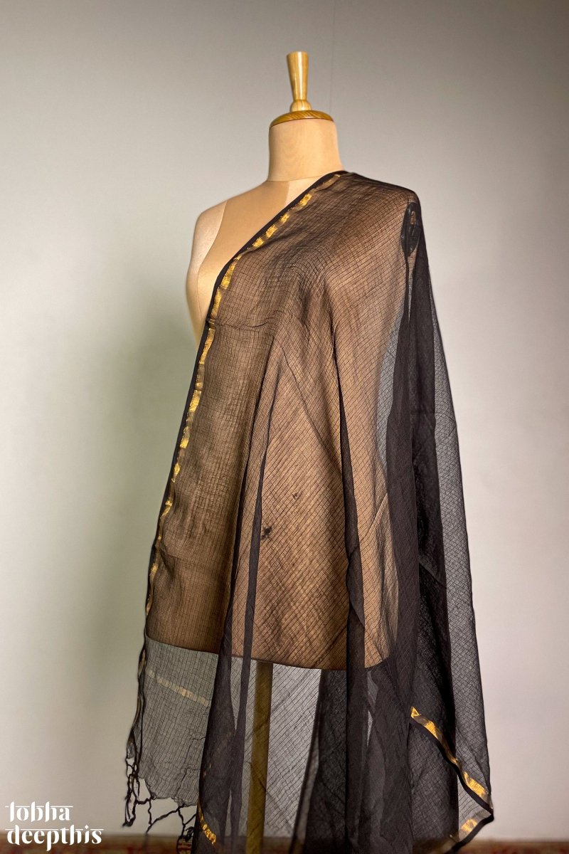 Plain Black Cotton Kota Doria Dupatta - Lobha Deepthis