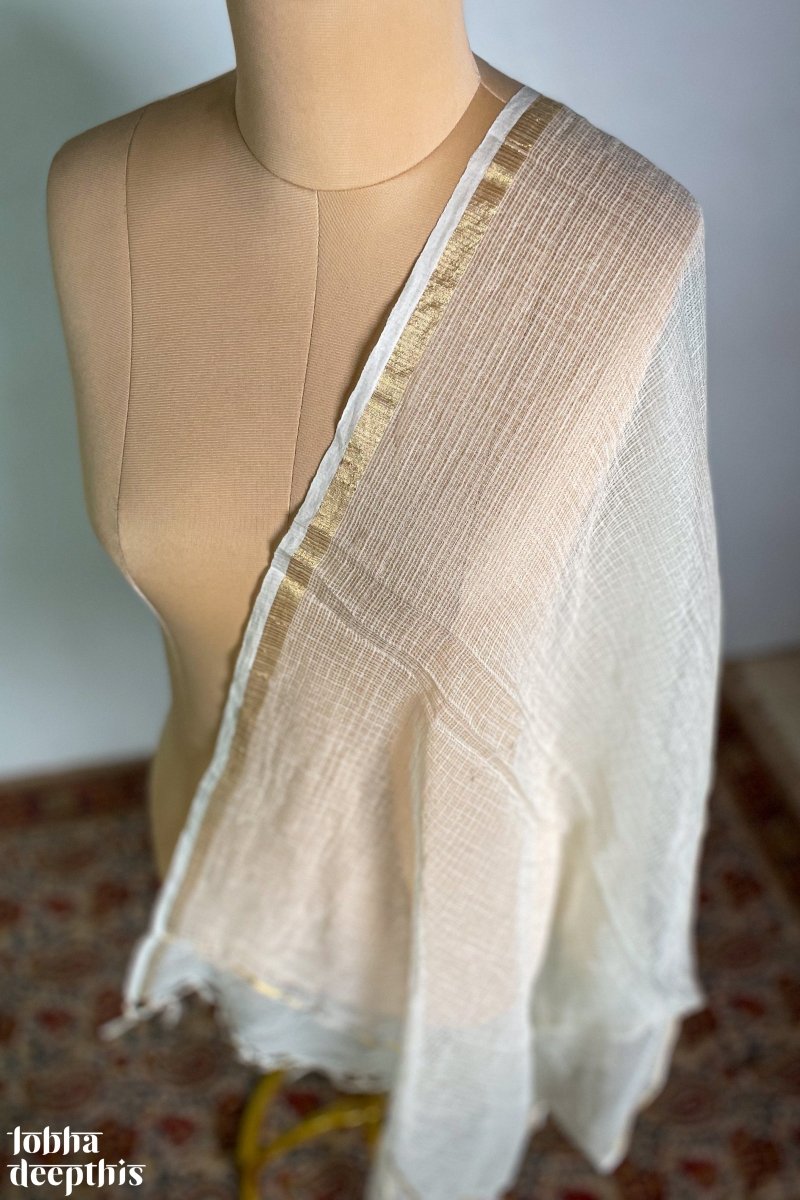 Plain Ivory Cotton Kota Doria Dupatta - Lobha Deepthis