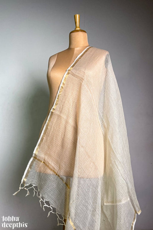 Plain Ivory Cotton Kota Doria Dupatta - Lobha Deepthis