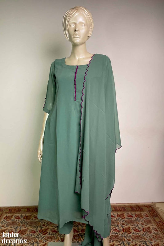 Potli Buttons on Feldgrau Green Georgette Kurta Set - Lobha Deepthis