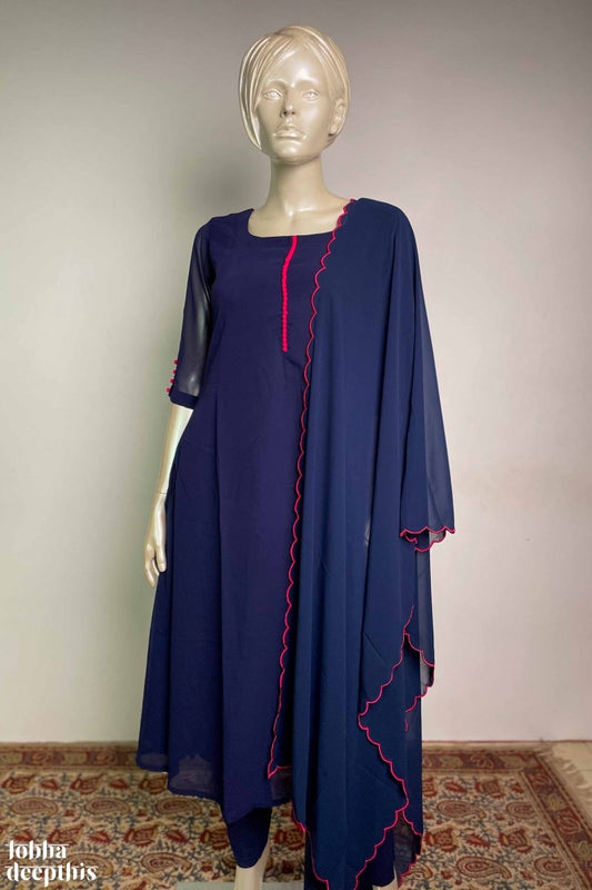 Potli Buttons on Navy Blue Georgette Kurta Set - Lobha Deepthis