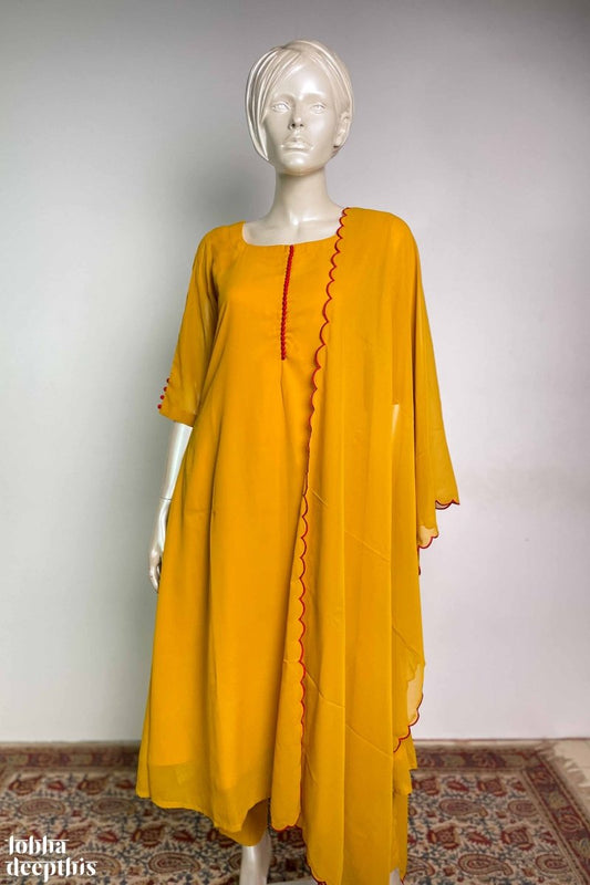 Potli Buttons on Yellow Georgette Kurta Set - Lobha Deepthis