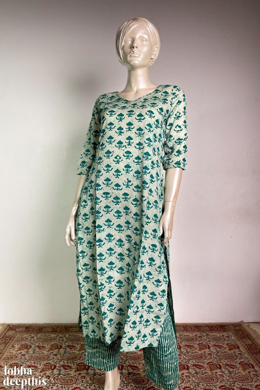Rama Green Batik Straight Co-ord Set - Lobha Deepthis