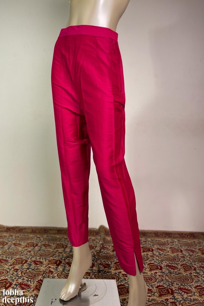 Rani Pink Slub Silk Pencil Pants - Lobha Deepthis