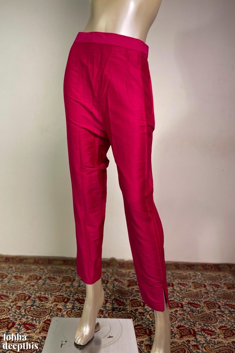 Rani Pink Slub Silk Pencil Pants - Lobha Deepthis