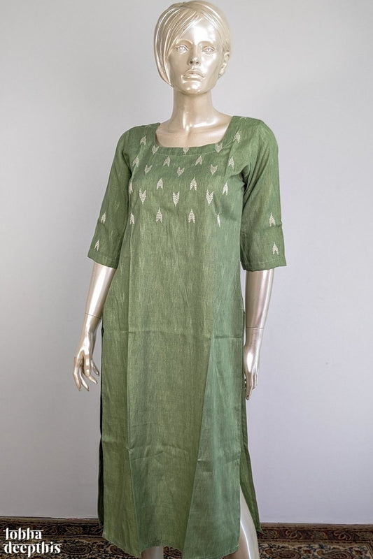 Rayon Liquid Slub Green Embroidery Kurta - Lobha Deepthis