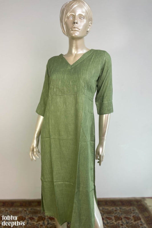 Rayon Liquid Slub Green Pintuck Kurta - Lobha Deepthis