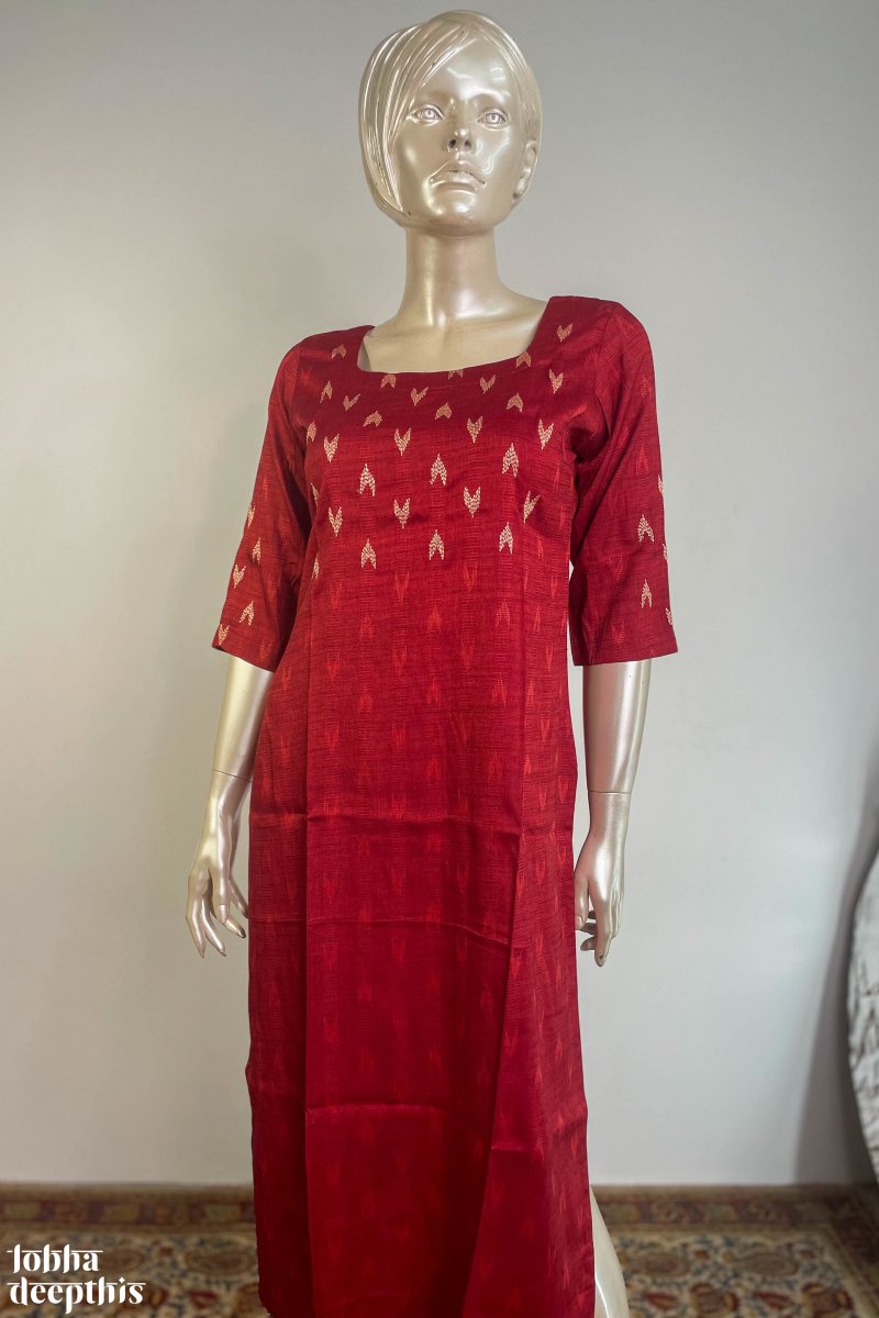 Rayon Liquid Slub Red Embroidery Kurta- Lobha Deepthis