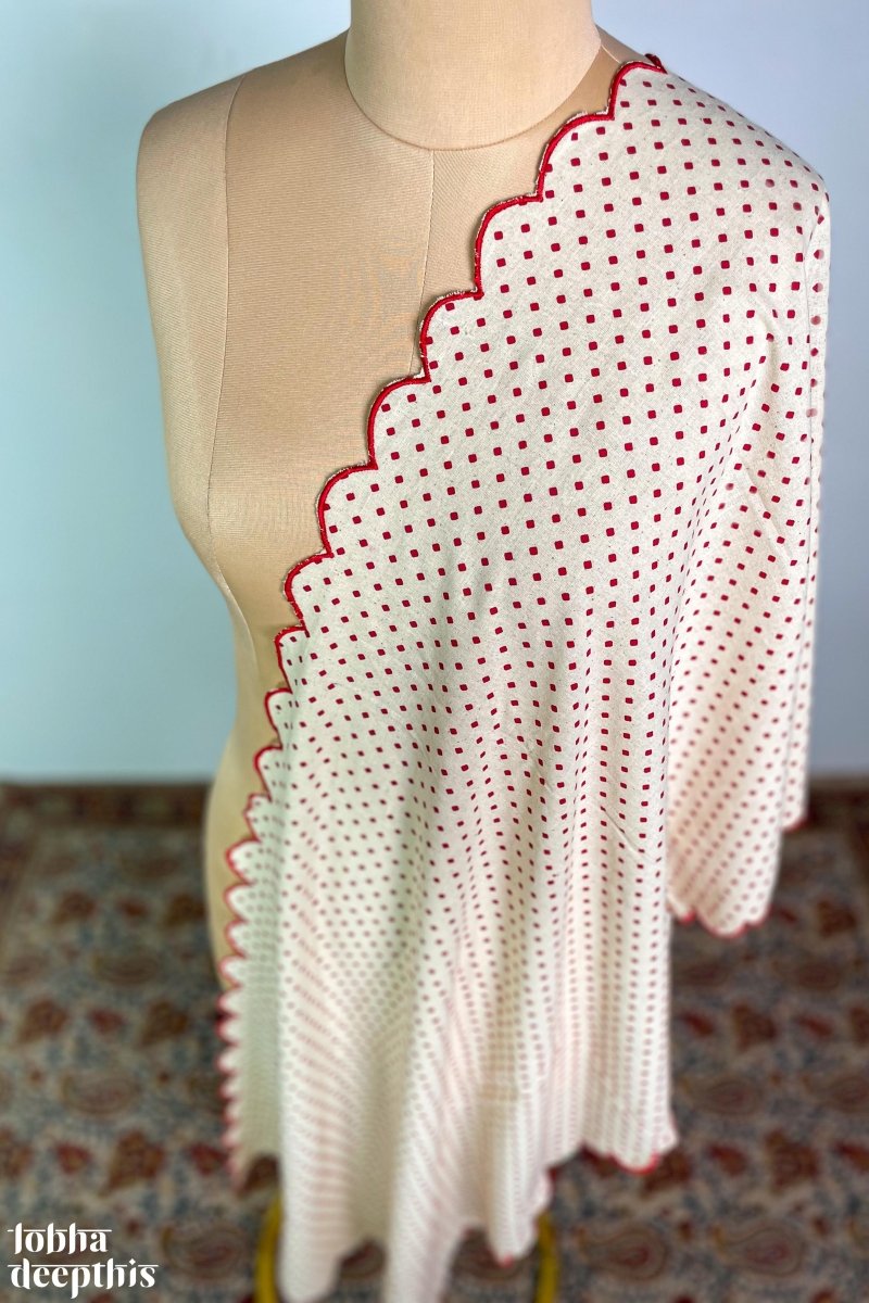 Red Dots on Cream Cotton Scallop Dupatta - Lobha Deepthis