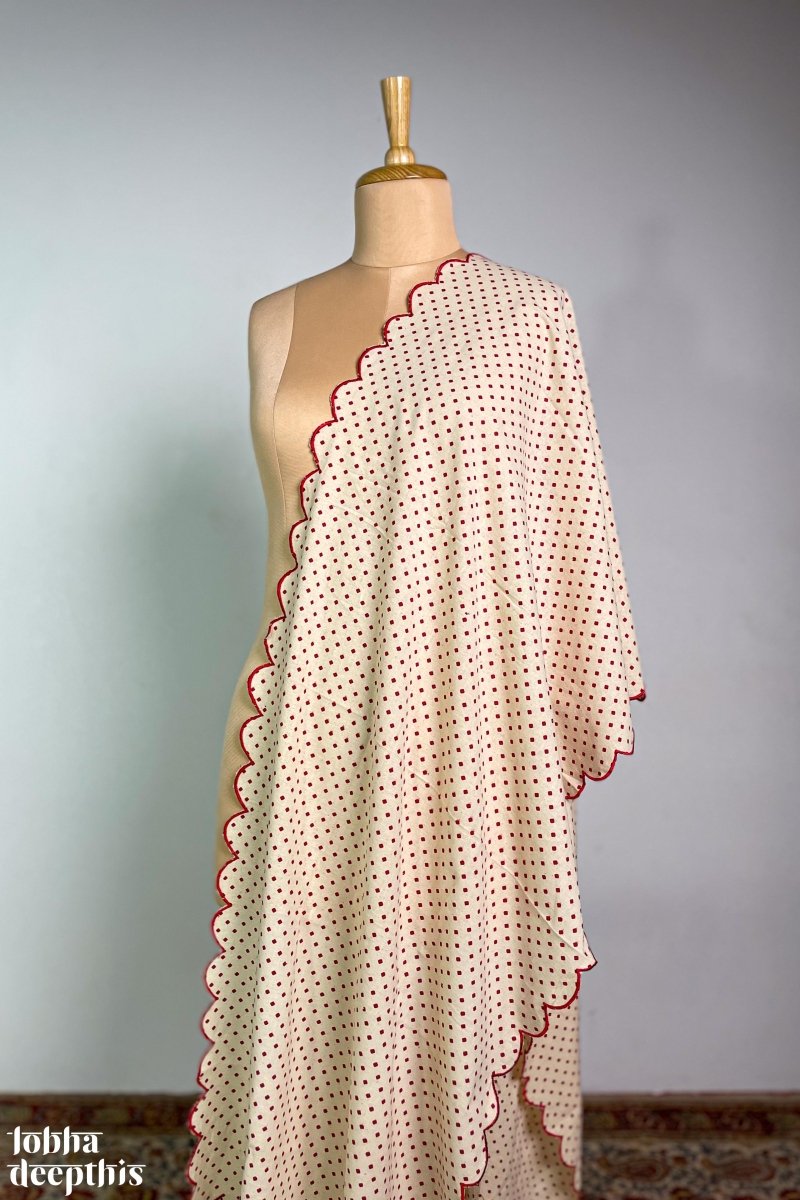 Red Dots on Cream Cotton Scallop Dupatta - Lobha Deepthis