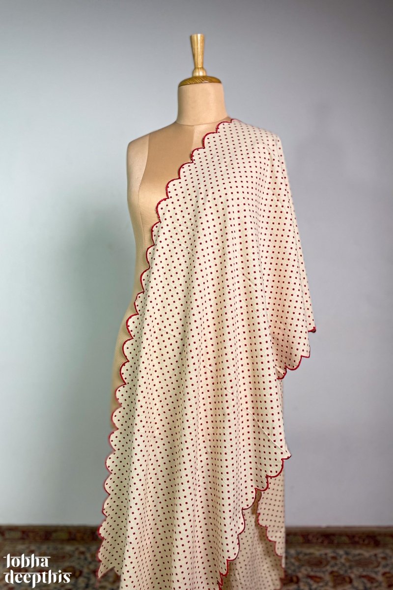 Red Dots on Cream Cotton Scallop Dupatta - Lobha Deepthis