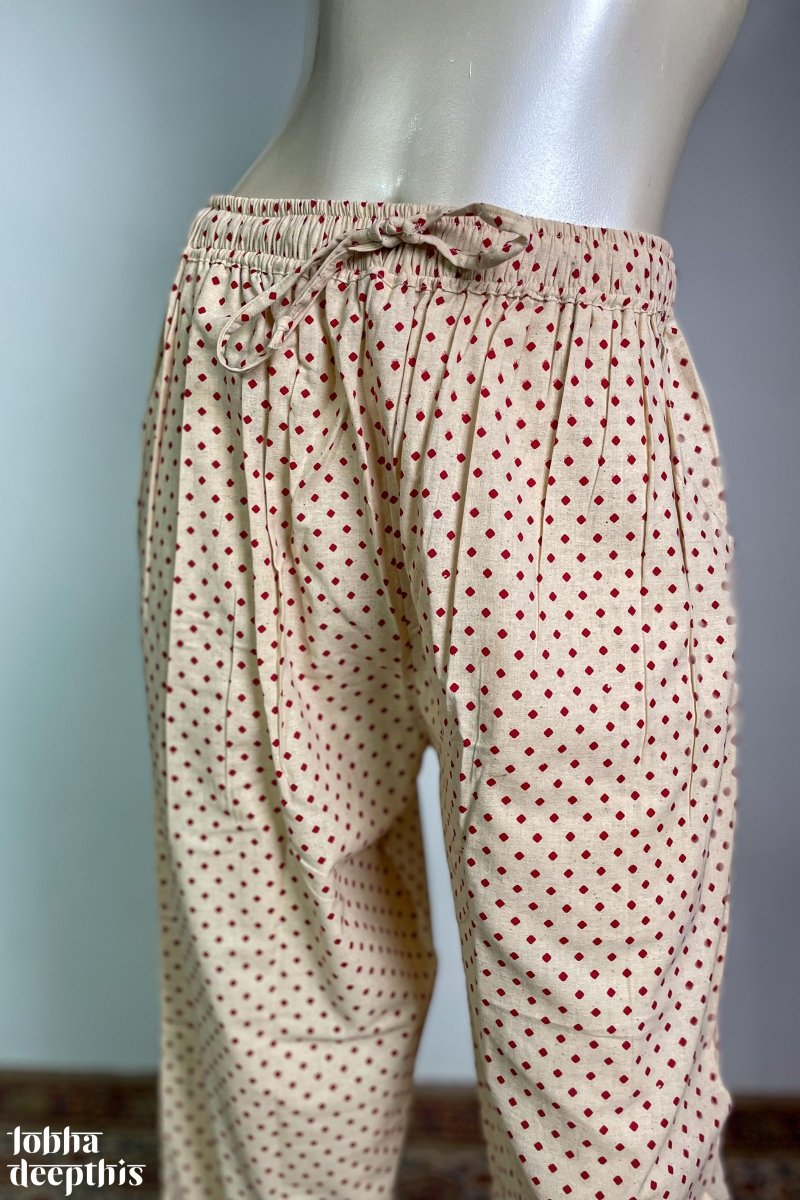 Red Dots on Cream Cotton Straight Pants - Lobha Deepthis