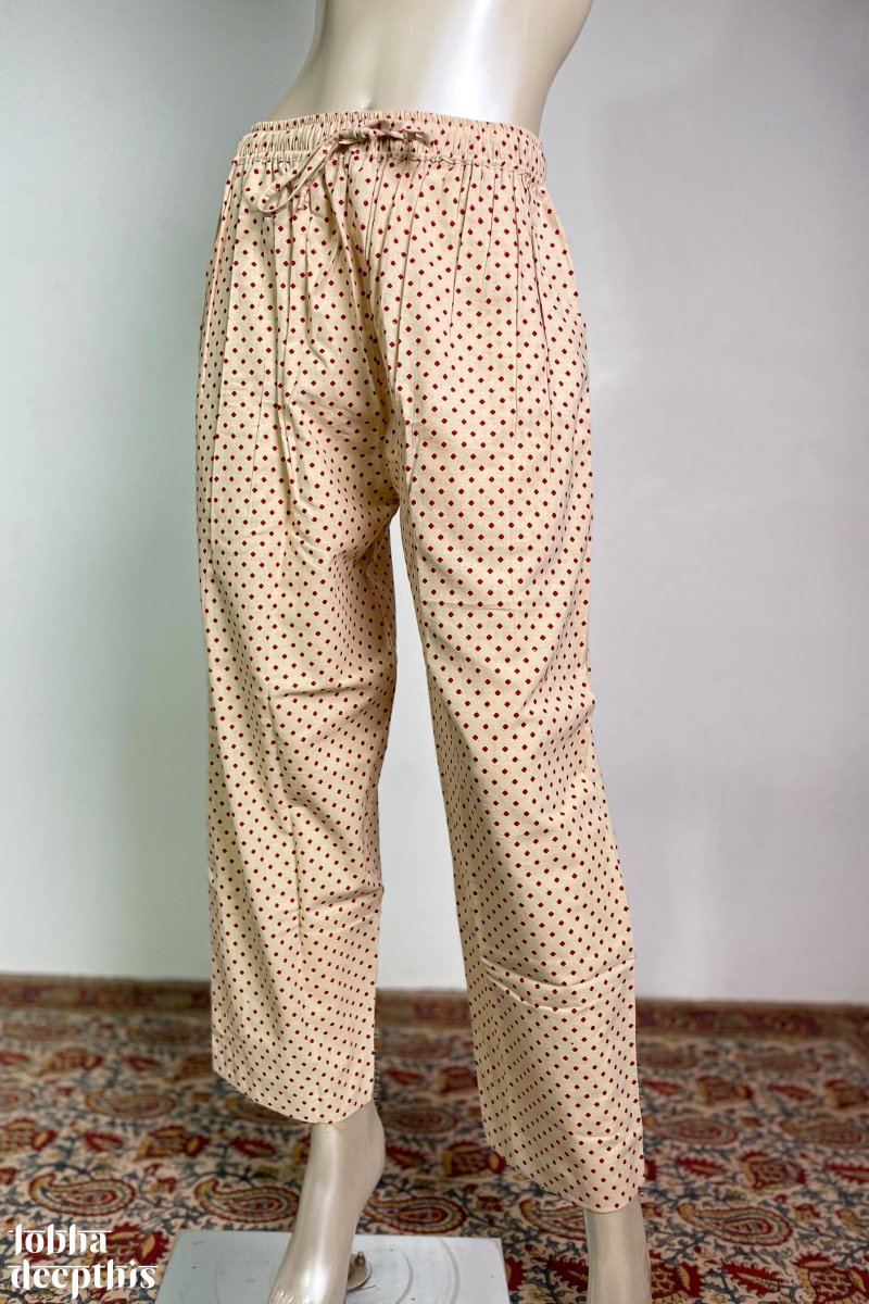 Red Dots on Cream Cotton Straight Pants - Lobha Deepthis